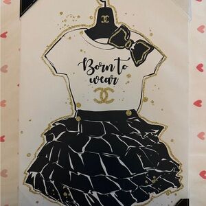 ART CANVAS WALL FRAME PRINT LUXURY BORN TO WEAR CC DRESS BOW WHITE GOLD BLACK
